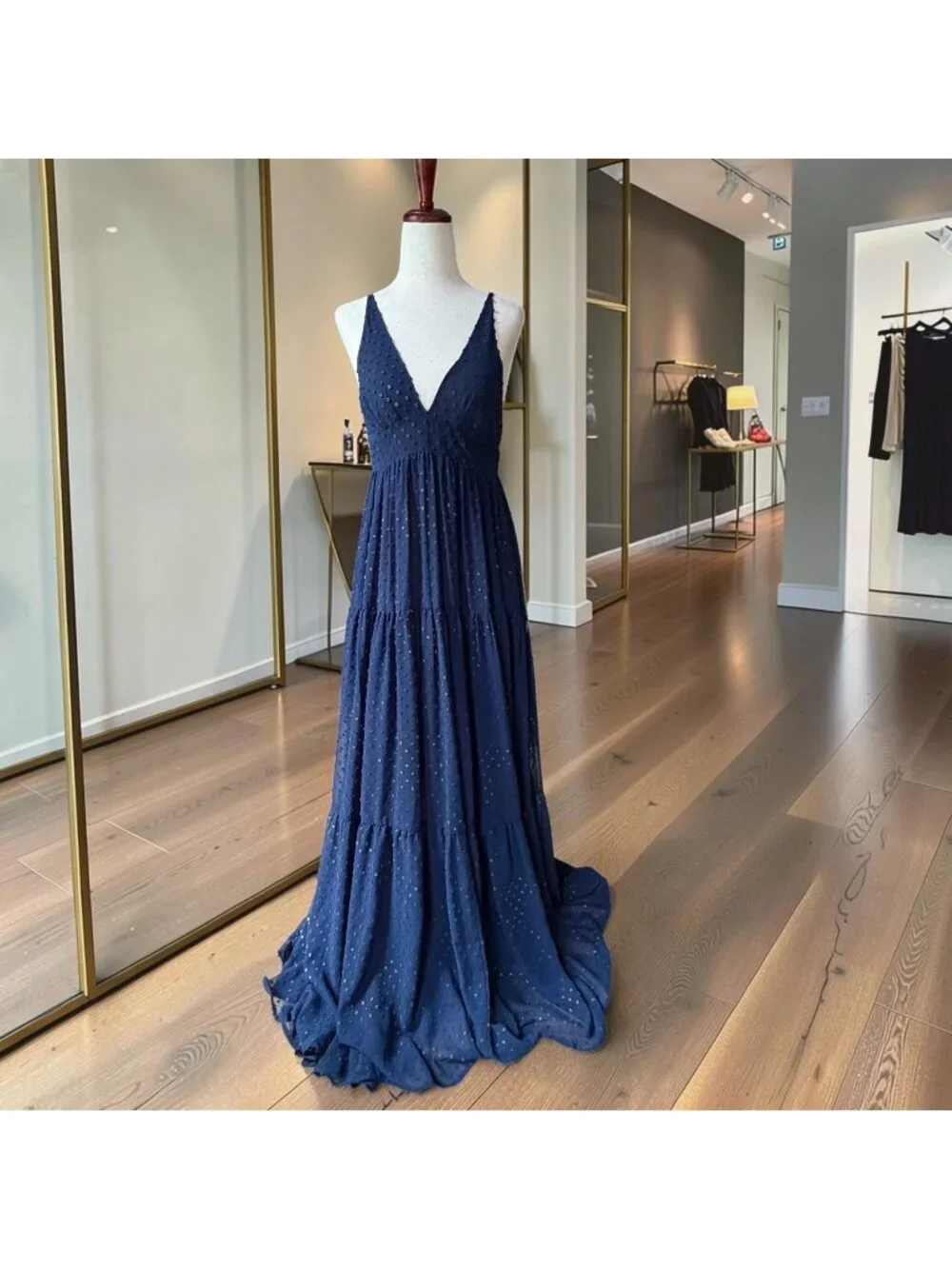 Le Superbe Starry Night Navy Blue Metallic Swiss Dot Tiered Maxi Dress Size 8 - Picture 1 of 10